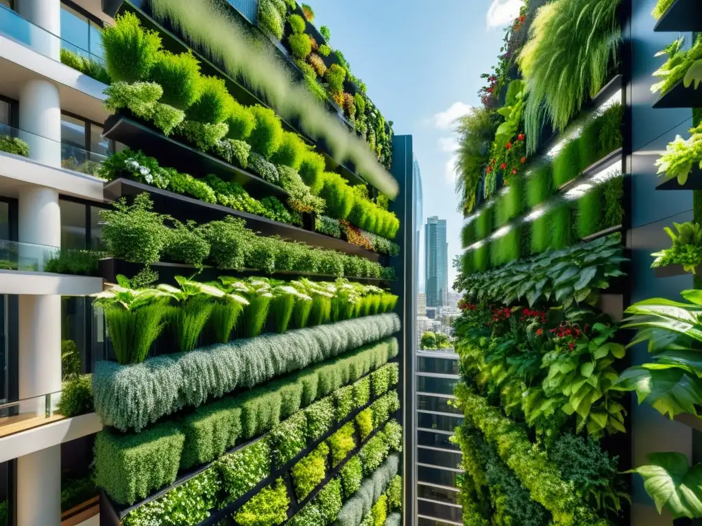 Un paisaje urbano moderno con huertos verticales integrados, mostrando técnicas avanzadas huertos verticales urbanos