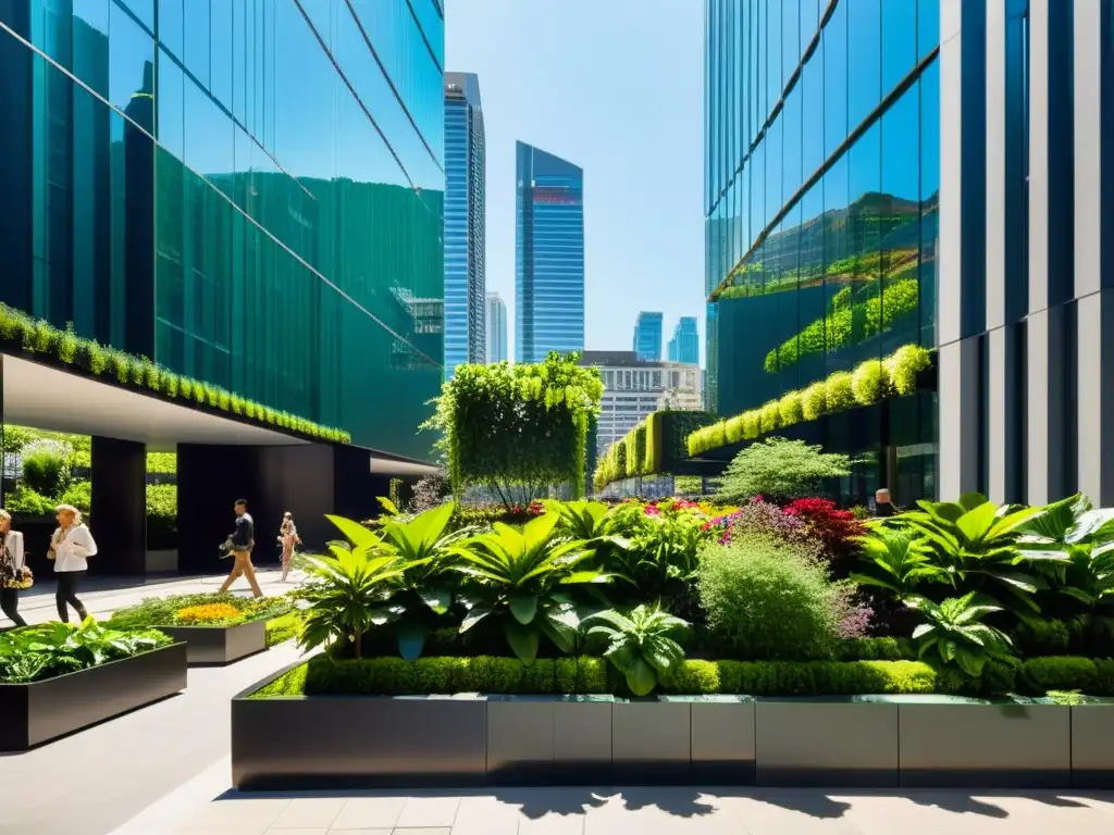 Un paisaje urbano moderno con huertos verticales llenos de vegetación, ofreciendo beneficios emocionales en la bulliciosa ciudad