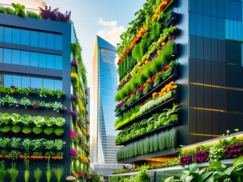 Un paisaje urbano moderno con huertos verticales urbanos agricultura integrada en los edificios, exudando innovación y sostenibilidad