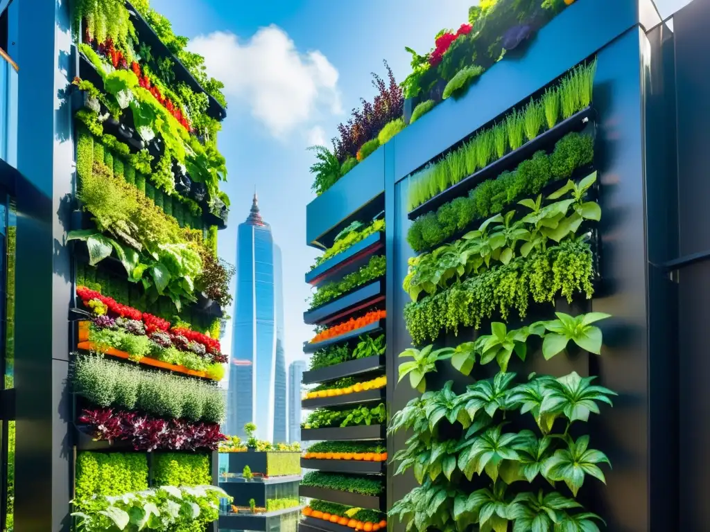 Un paisaje urbano moderno y vibrante con un huerto vertical lleno de frutas, verduras y flores coloridas