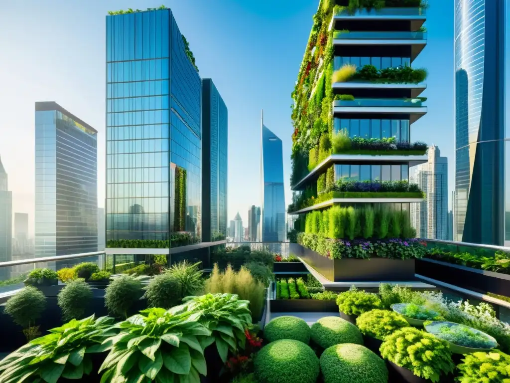 Un paisaje urbano moderno y vibrante con rascacielos y jardines urbanos entrelazados, destacando el concepto de huertos verticales en entorno urbano