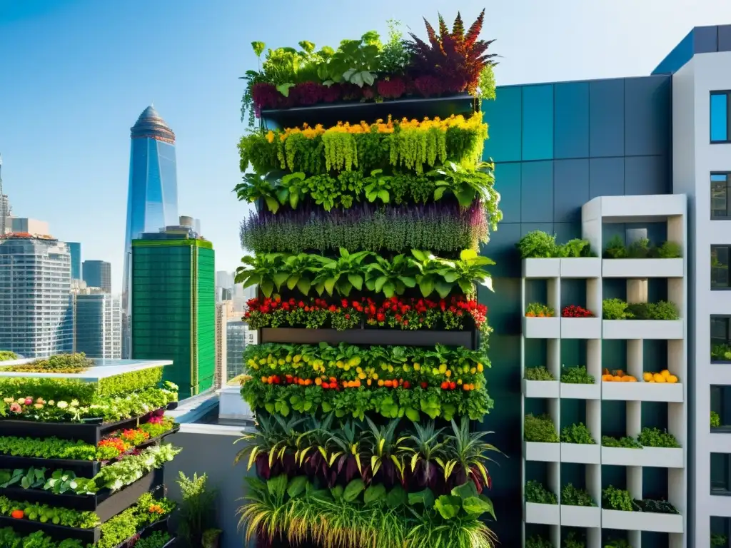 Un paisaje urbano con rascacielos al fondo y un exuberante huerto vertical móvil en primer plano, mostrando la innovación de la agricultura urbana