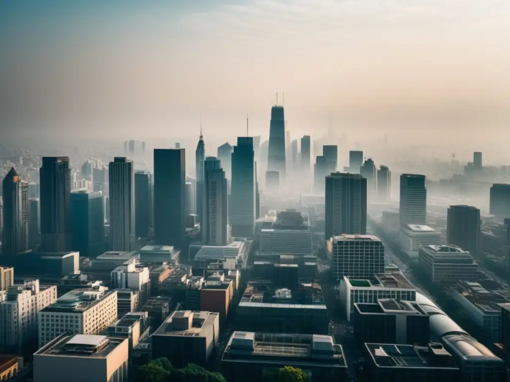 Un paisaje urbano con smog y contaminación, resaltando la necesidad de beneficios de huertos verticales para mejorar la calidad del aire en la ciudad