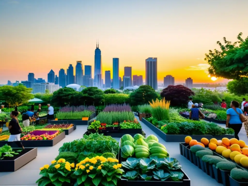 Un paisaje urbano vibrante con jardines urbanos exuberantes y diversidad de personas cuidando plantas