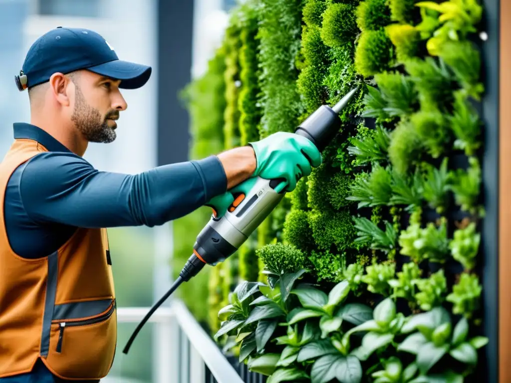 Un paisajista profesional instala un jardín vertical en un balcón urbano moderno