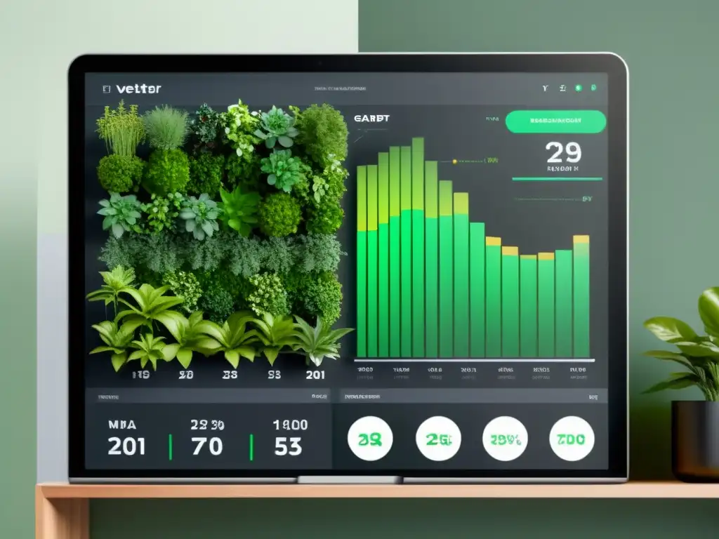 Panel de control moderno y elegante del huerto vertical, con plantas vibrantes, sensores y gráficos mostrando datos en tiempo real