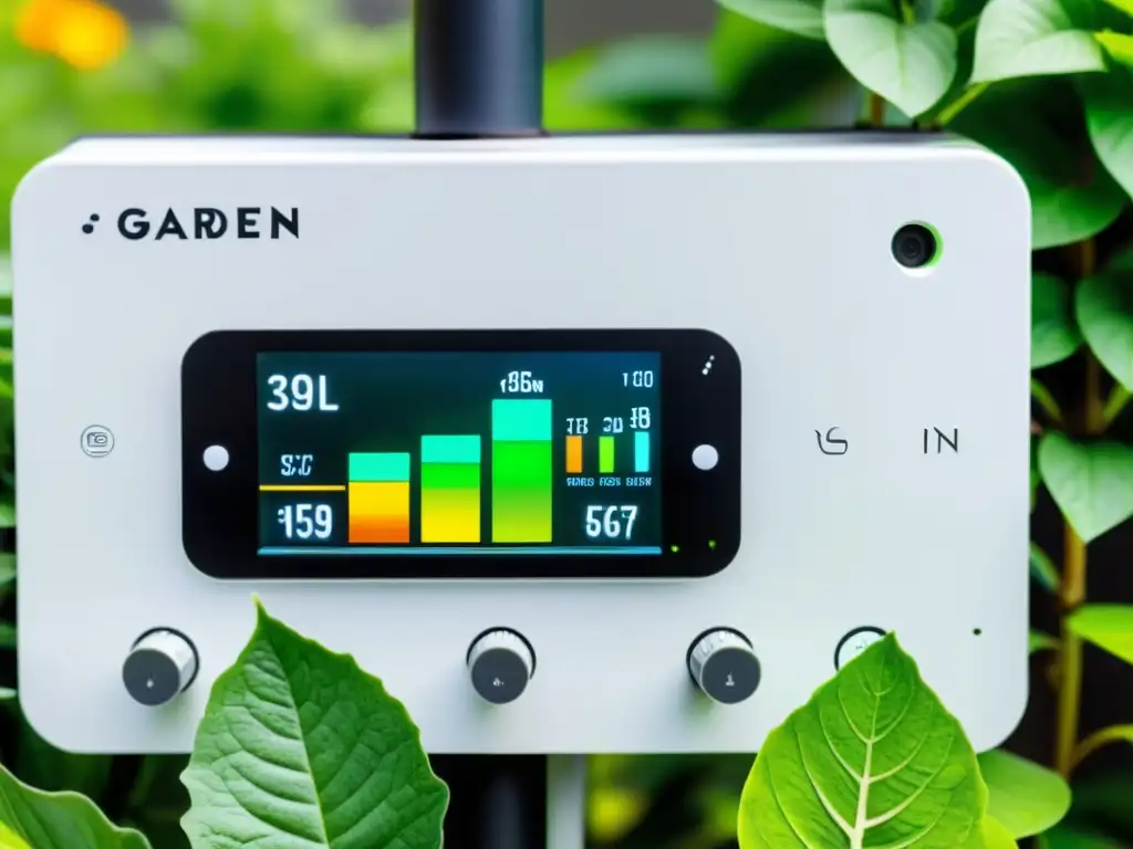 Panel de control moderno en pared blanca con datos de humedad del suelo, temperatura y flujo de agua