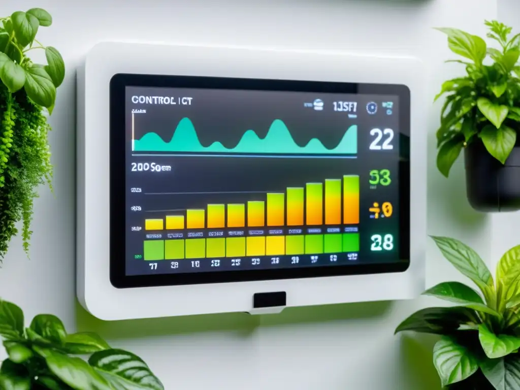 Paneles de control huerto vertical con pantalla digital, gráficos de datos y plantas verdes exuberantes en el fondo