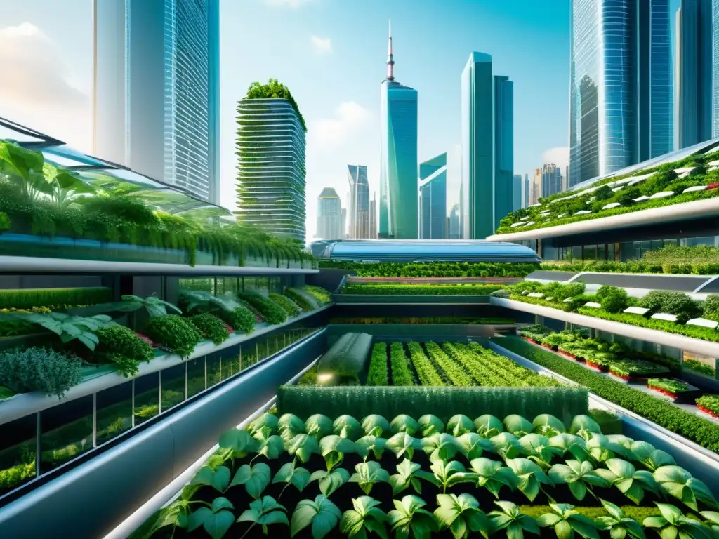 Panorama futurista de la ciudad con agricultura urbana vertical sostenible integrada en rascacielos de cristal y vegetación exuberante