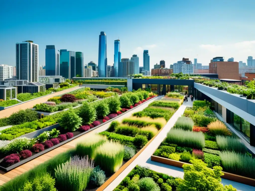 Panorámica de ciudad moderna con huertos urbanos integrados, resalta la integración de la naturaleza en el diseño sostenible urbano