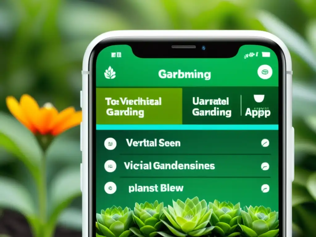 Una pantalla de smartphone muestra la app líder para adaptar huertos verticales, con plantas vibrantes y controles personalizados