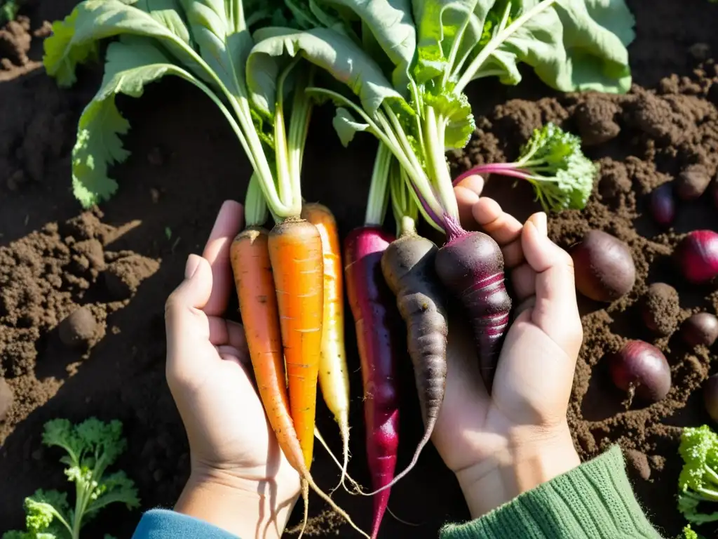 Un par de manos sostienen con cuidado zanahorias y remolachas recién cosechadas, con tierra pegada a las coloridas raíces