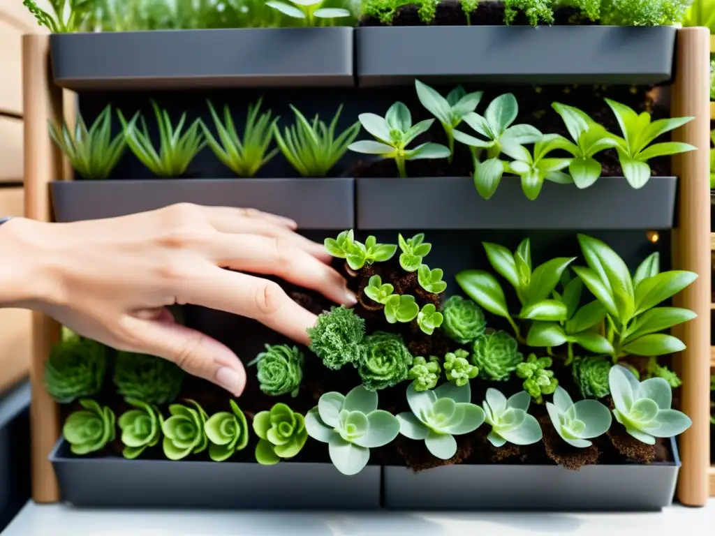 Un par de manos cuidadosas plantan minúsculas plántulas en un elegante huerto vertical