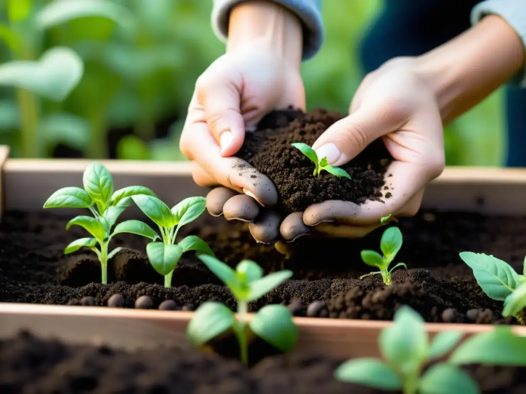 Un par de manos cuidadosas siembran semillas orgánicas en tierra fértil, resaltando la importancia de usar semillas orgánicas en jardines urbanos