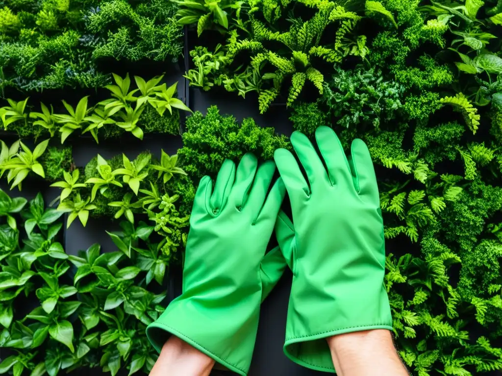 Un par de manos con guantes de jardinería podando y cuidando un exuberante jardín vertical