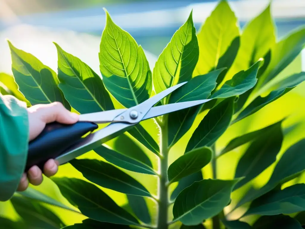 Un par de tijeras de podar expertamente cortando hojas verdes en una planta vertical de acuaponía