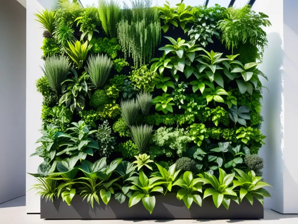 Una pared jardín vertical moderna con plantas verdes vibrantes en filas ordenadas