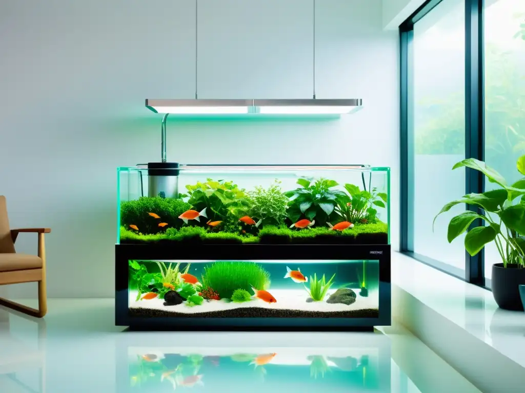 Acuaponía casera paso a paso: Sistema moderno de acuaponía con plantas verdes exuberantes y peces coloridos en un espacio luminoso y elegante