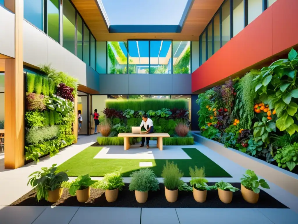 Un patio escolar vibrante con huertos verticales sostenibles, lleno de vida y color