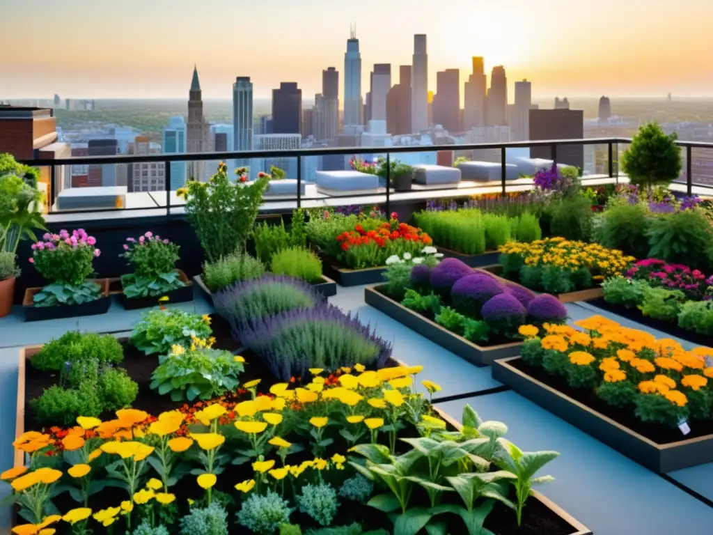 Paz interior a través de la agricultura urbana: un oasis vibrante con flores, hortalizas y plantas en un jardín en la azotea de la ciudad