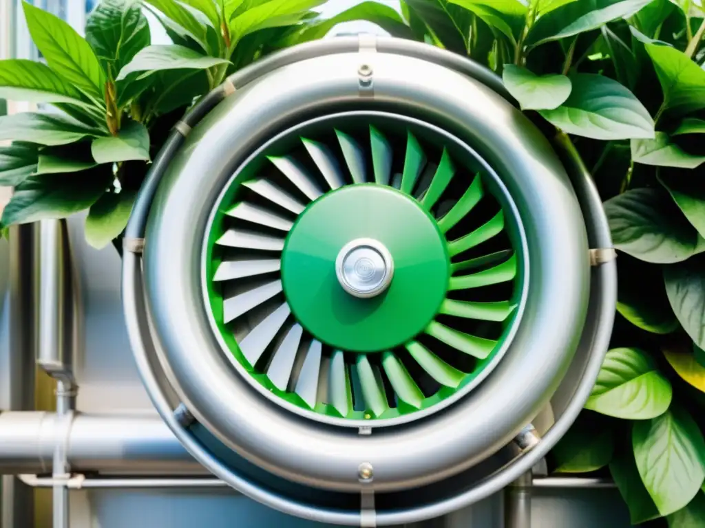 Una pequeña turbina hidroeléctrica genera energía limpia en un moderno sistema de acuaponía, con plantas exuberantes y agua clara fluyendo