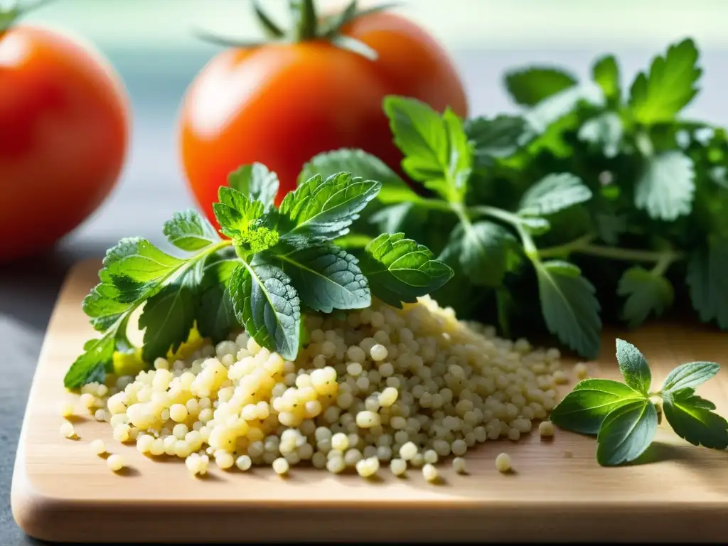 Tabulé con perejil, menta fresca y tomate recién cortados en tabla de madera