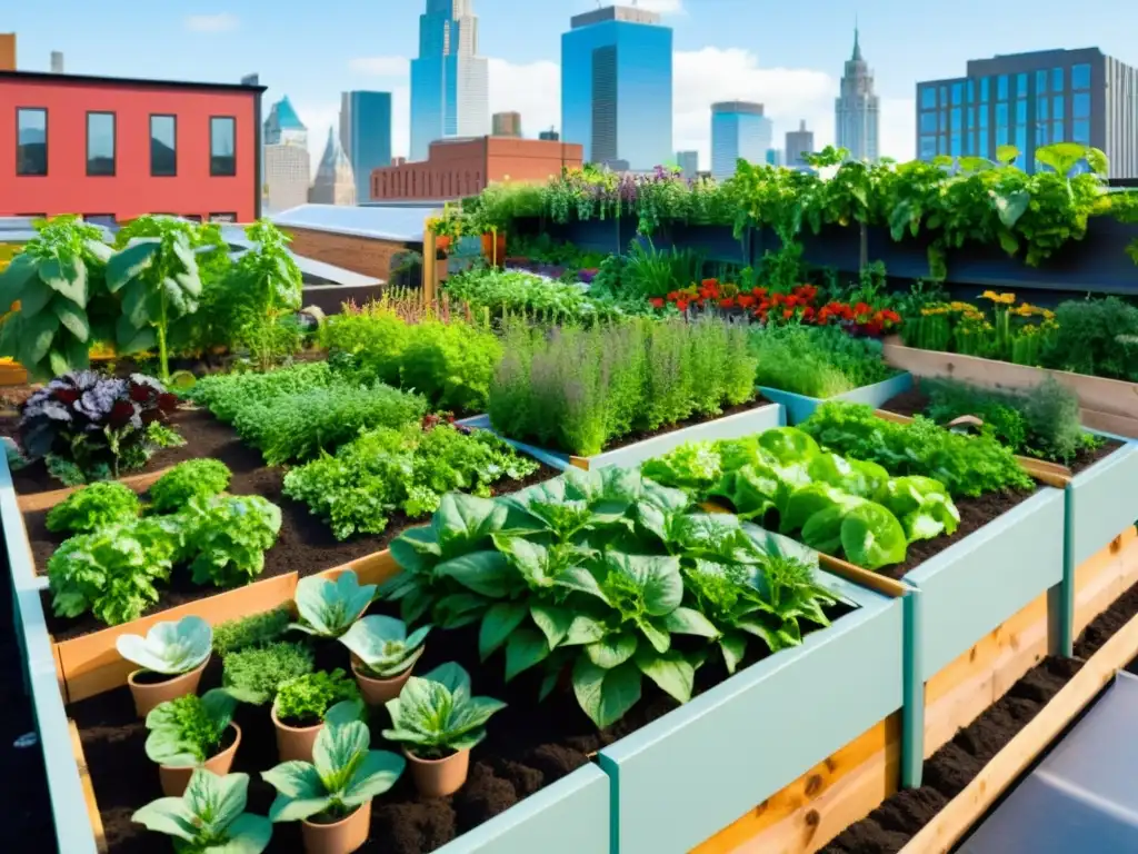 Jardín de permacultura en la azotea de la ciudad, muestra armonía entre lo urbano y lo sostenible, con diversidad de plantas y hortalizas