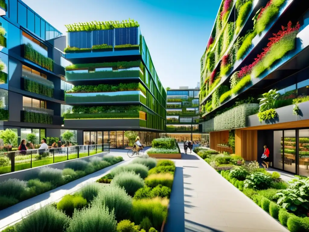 Metrópolis sostenible: Naturaleza y arquitectura eco-friendly Permacultura en ciudades verdes: una ciudad moderna con espacios verdes integrados, como jardines en azoteas, granjas verticales y parques exuberantes