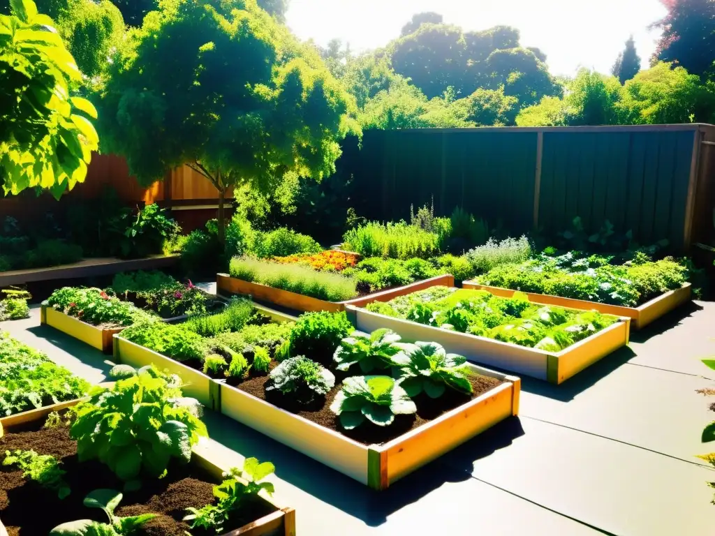 Un jardín de permacultura exuberante y vibrante, con camas elevadas de vegetales coloridos, árboles frutales y un sistema de acuaponía burbujeante en el centro