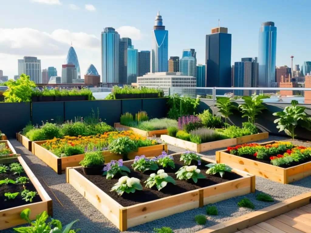 Un jardín de permacultura urbana con economía circular, integrando huertos elevados, compostaje, recolección de agua de lluvia y paneles solares