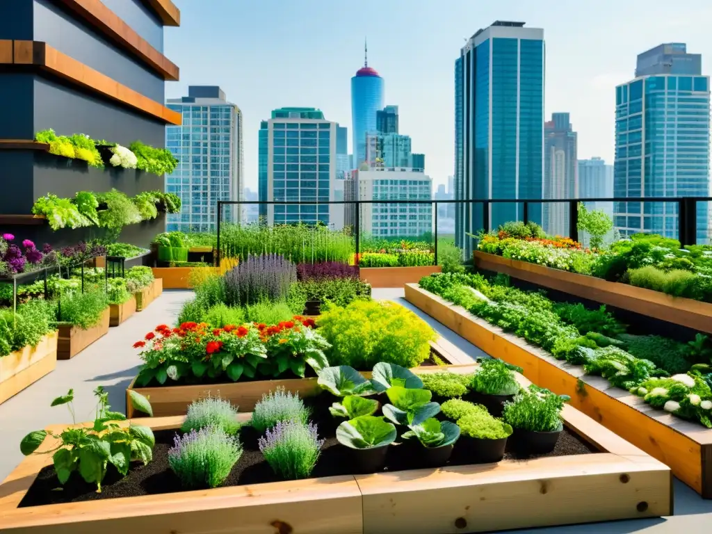 Jardín de permacultura urbana con técnicas de apilamiento, integrando vegetales, hierbas y flores en un entorno urbano moderno y vibrante