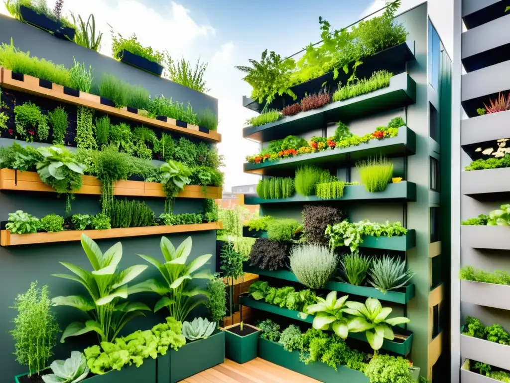 Jardín de permacultura urbana con técnicas de apilamiento, vegetación innovadora y diseño contemporáneo