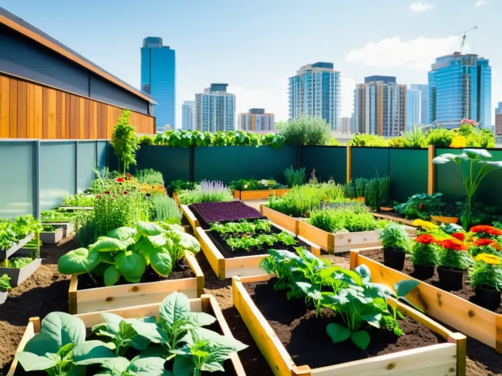 Jardín de permacultura urbana vibrante, con economía circular y naturaleza en contraste con la infraestructura urbana moderna