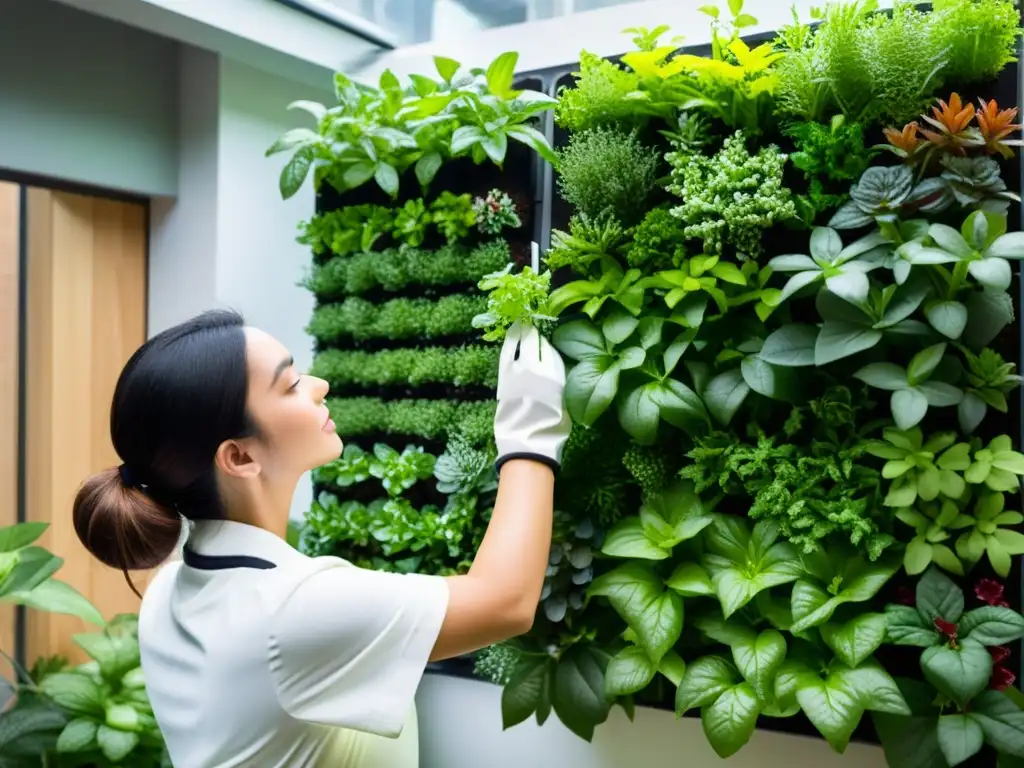 Persona cuidando con destreza un huerto vertical modular, transmitiendo facilidad y conocimiento