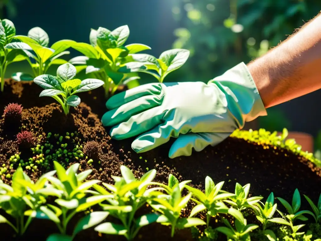 Persona experta aplica con precisión fertilizante en jardín vertical urbano, resaltando su destreza