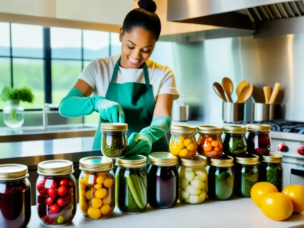 Persona sellando frascos de verduras en cocina moderna