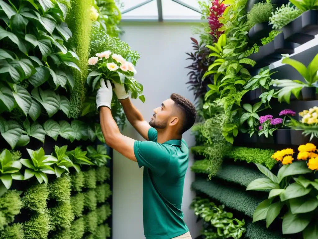 Una persona montando huerto vertical paso a paso con plantas exuberantes y ambiente tranquilo