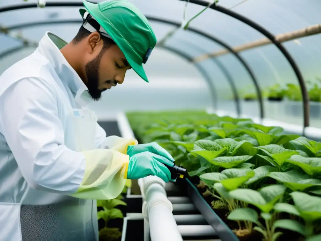 Persona realiza mantenimiento preventivo en un sistema acuapónico, inspeccionando plantas y peces