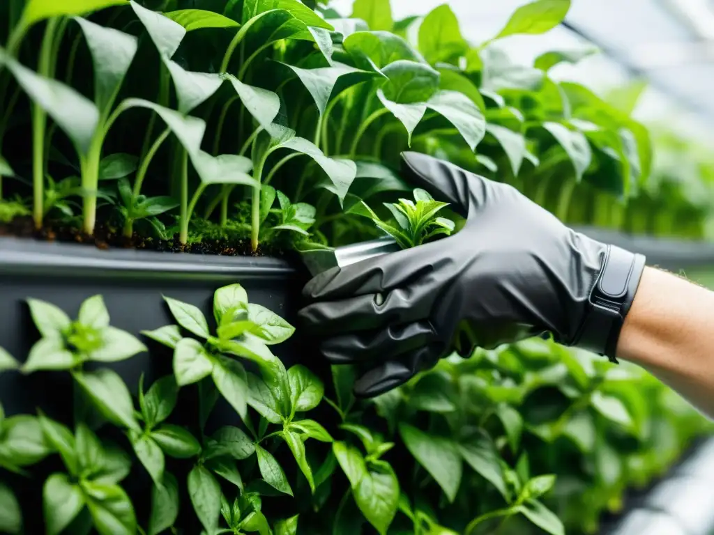 Persona podando plantas verticales acuaponía con precisión y profesionalismo, en un entorno fresco y contemporáneo