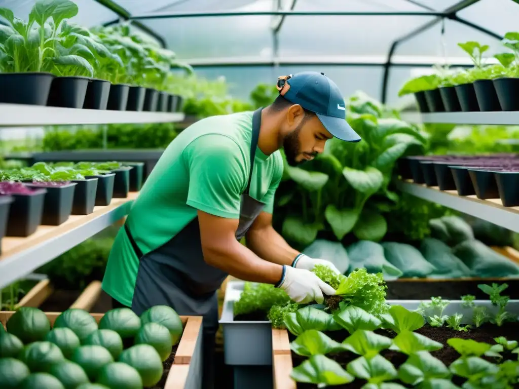 Persona cosechando vegetales frescos en jardín acuapónico urbano