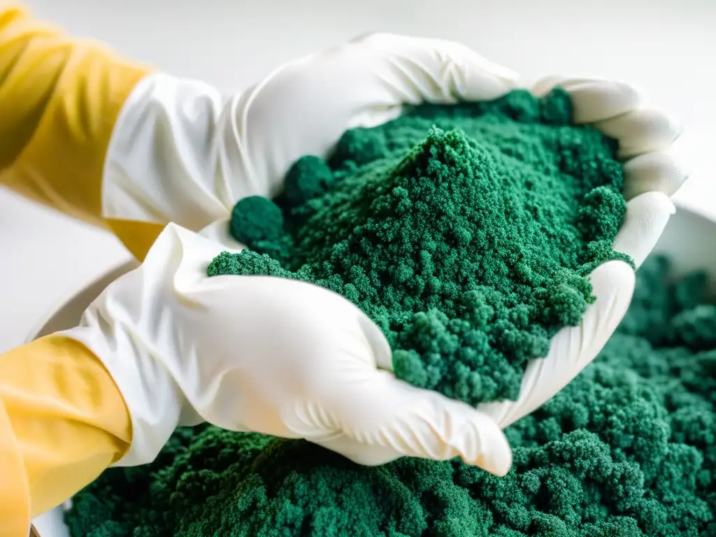 Una persona cuidadosamente cosechando una vibrante cultura de espirulina verde en un huerto vertical