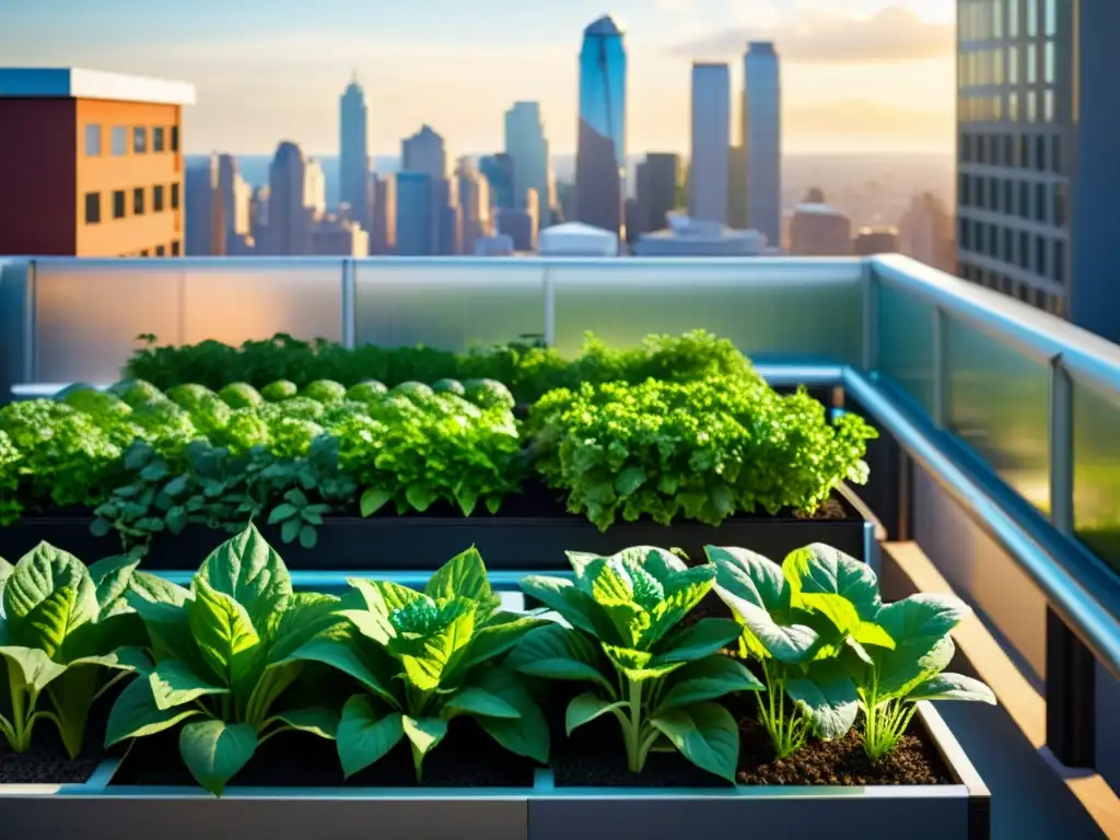 Acuaponía personalizada para huertos urbanos en jardín de azotea moderno, con vegetales verdes y sistema de filtración de agua de alta tecnología