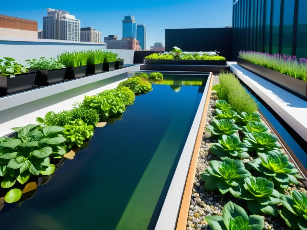 Acuaponía personalizada para huertos urbanos: impresionante jardín urbano con sistema acuapónico futurista y exuberante vegetación