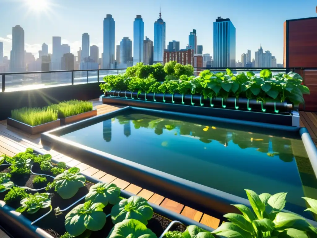 Acuaponía personalizada para huertos urbanos: Jardín de techo urbano con moderno sistema acuapónico integrado y exuberante vegetación