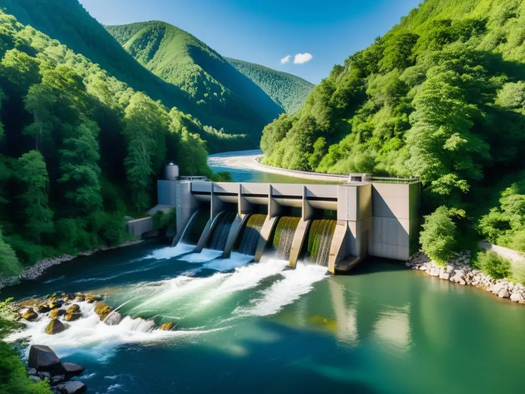 Una planta hidroeléctrica moderna se integra armoniosamente en un paisaje exuberante, demostrando el aprovechamiento de agua en acuaponía