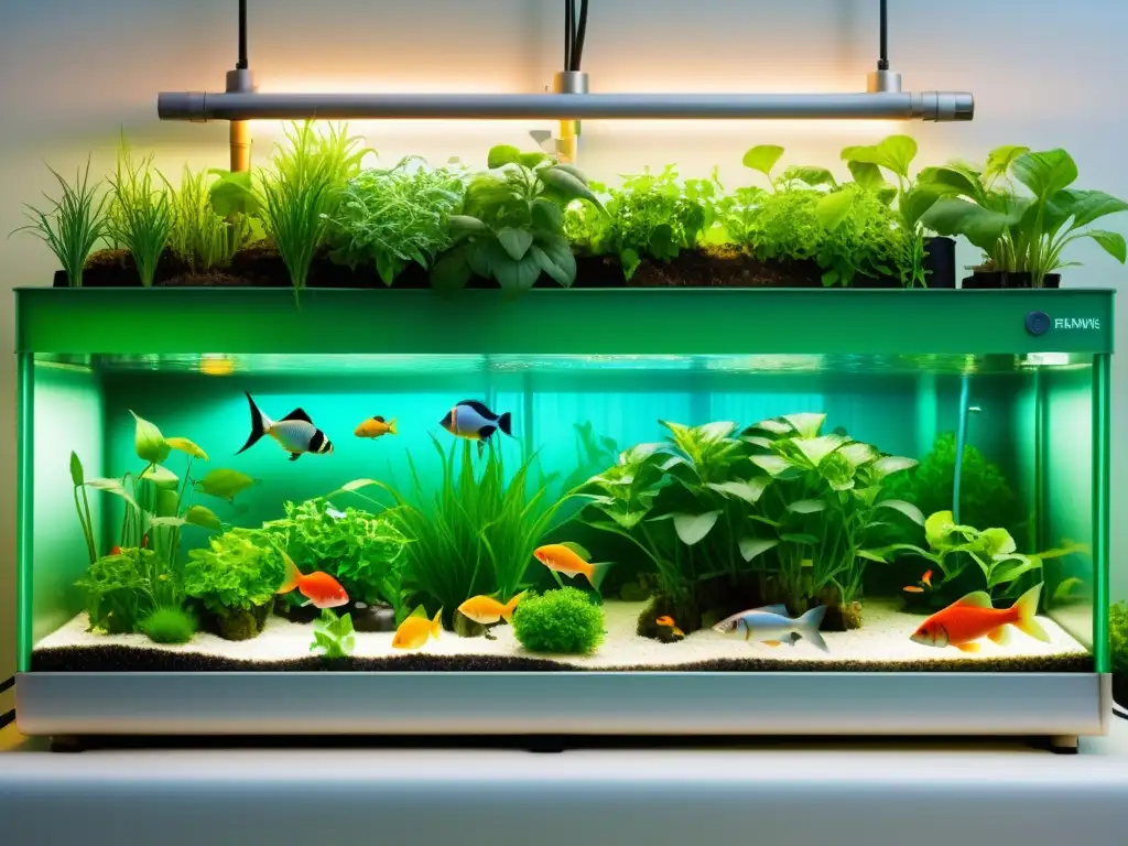 Una acuaponía próspera muestra plantas exuberantes y peces coloridos en un sistema de alta tecnología