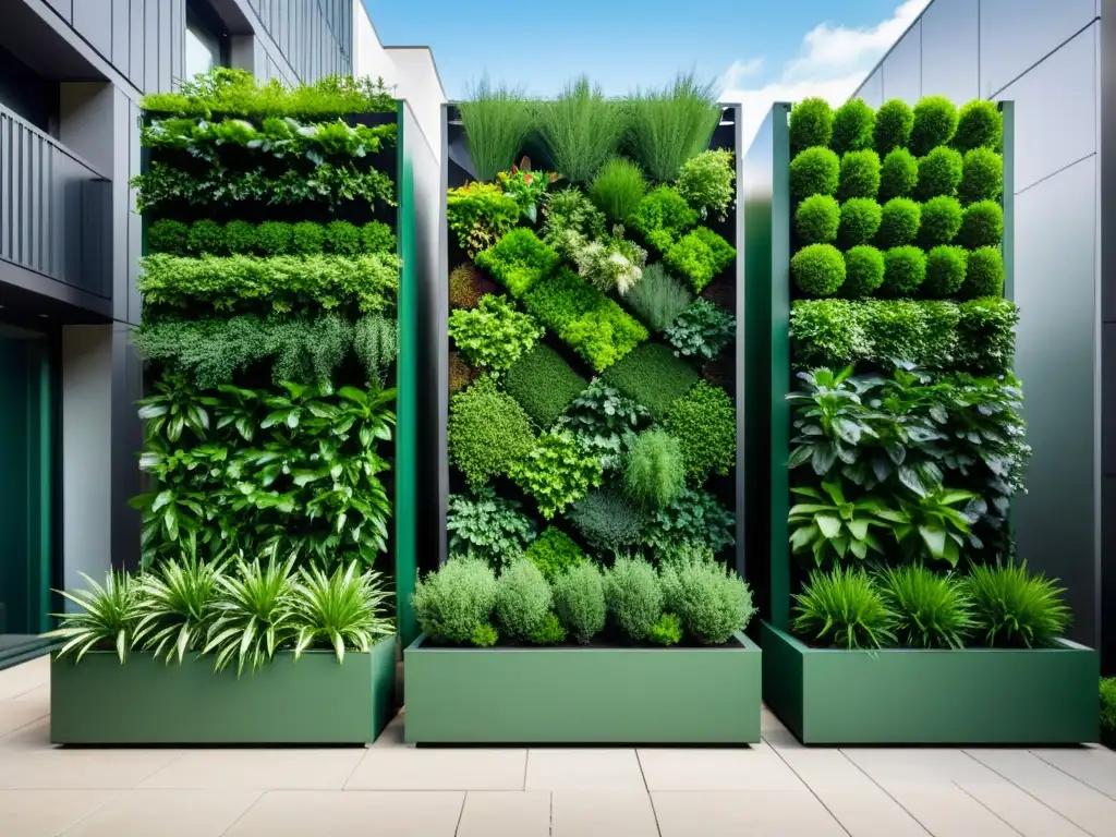 Plantas ideales para cultivos verticales en un jardín urbano moderno, armonía entre naturaleza y diseño contemporáneo en la ciudad