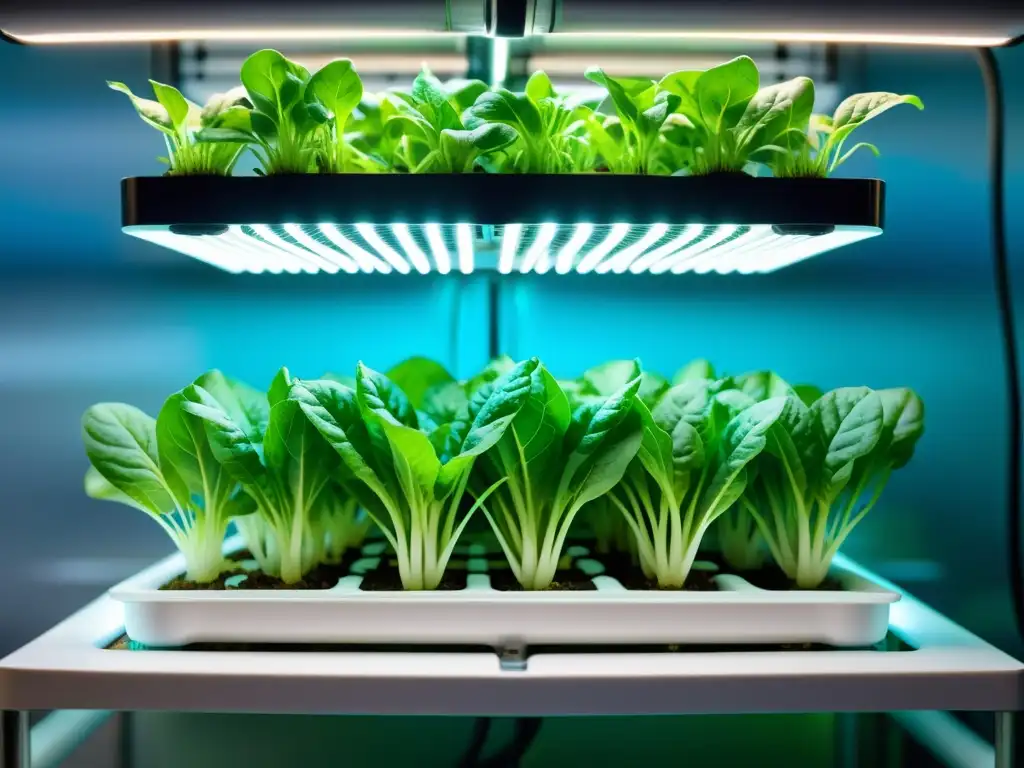 Raíces hidropónicas iluminadas en LED azul Plantas de lechuga hidropónica prosperando en solución nutritiva, con raíces fuertes y hojas verdes vibrantes bajo luz LED azul