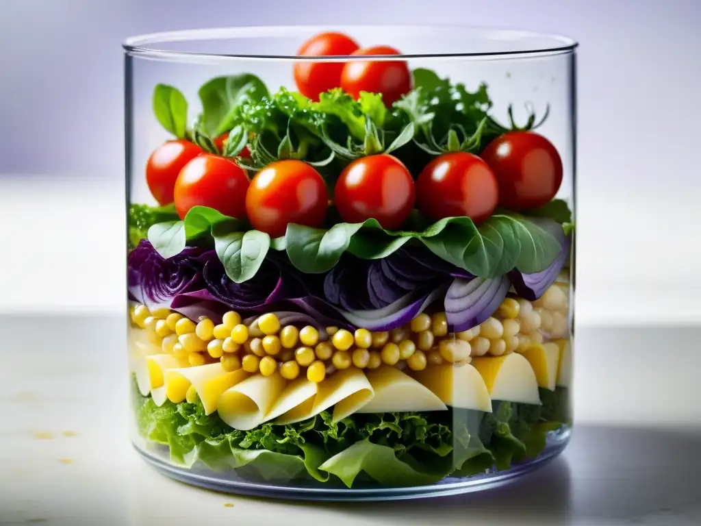 Presentación platos ensaladas verticales: Ensalada colorida en vaso cilíndrico, con capas de lechuga, tomate, maíz y repollo morado, bañada en aderezo, sobre fondo blanco con suave iluminación natural