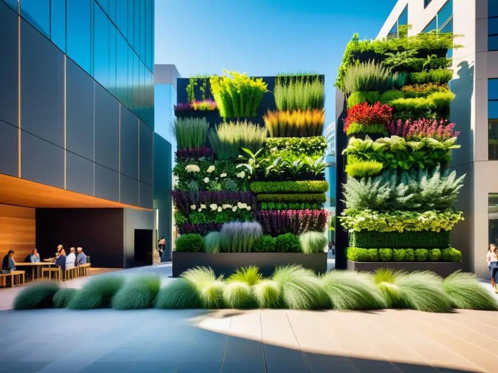 Plaza urbana con huertos verticales, integrando naturaleza en la ciudad